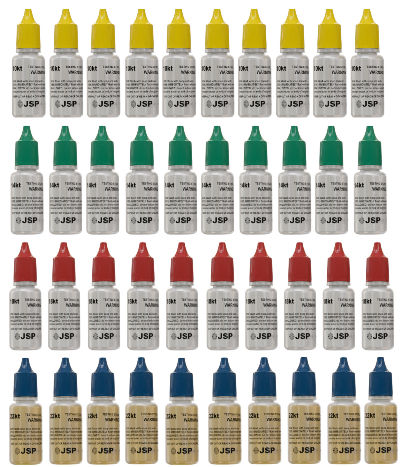 Wholesale Lot of Gold Testing Acid JSP 10 Bottles Each of 10k 14k 18k 22k 24k