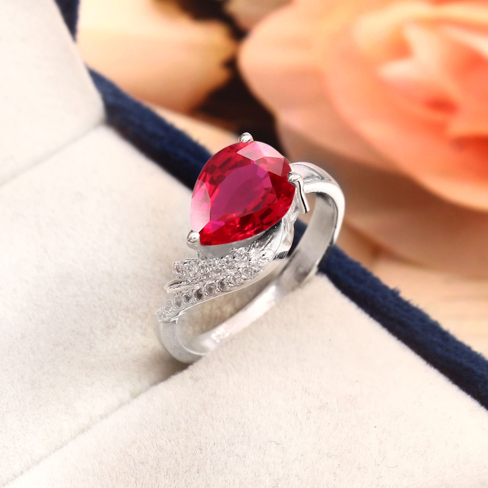 Burma Ruby Ring Solid 925 Sterling Silver Engagement Ring 10×8 MM Pear Cut