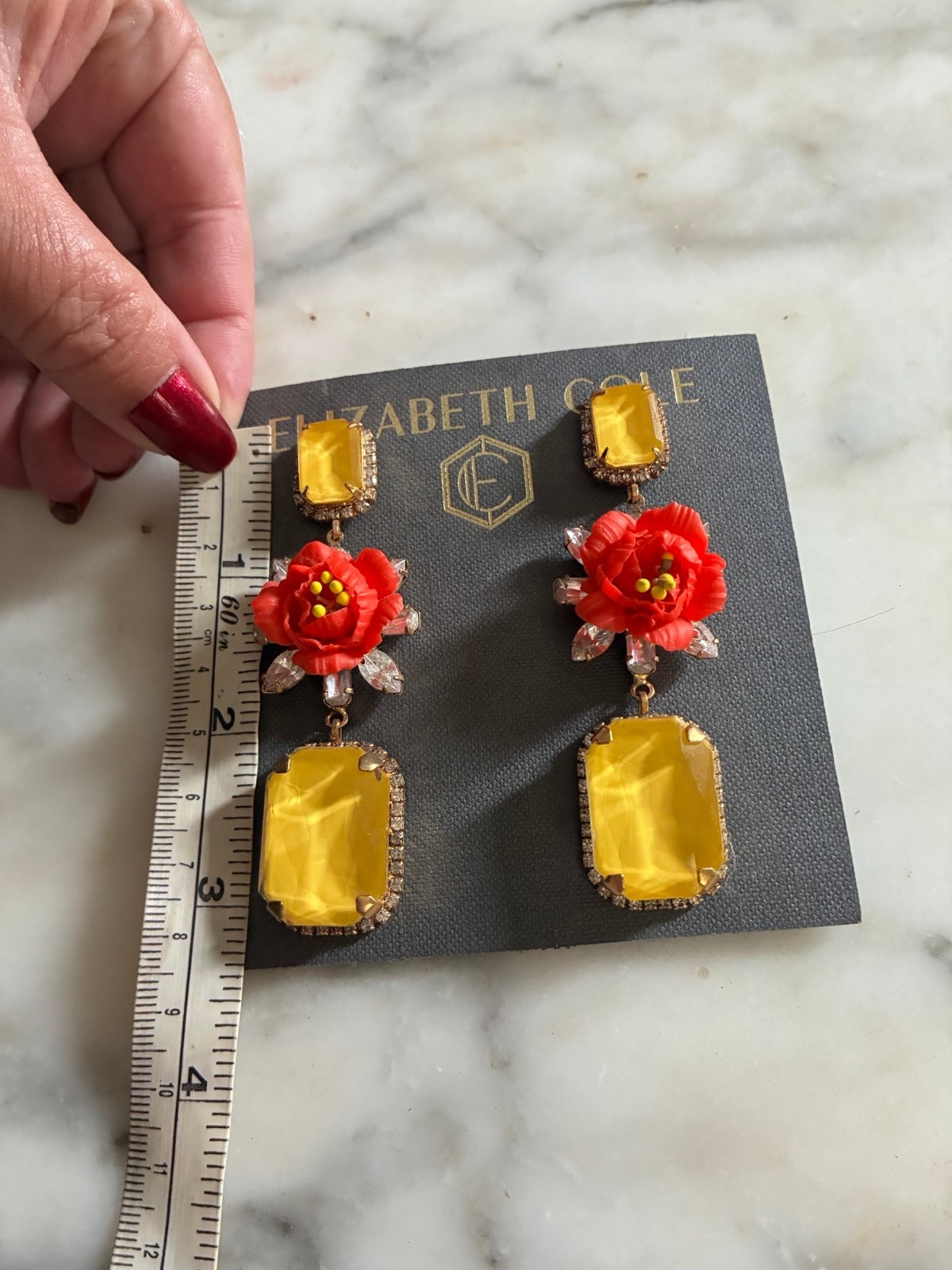 Elizabeth Cole new signed yellow crystal orange flower long earrings