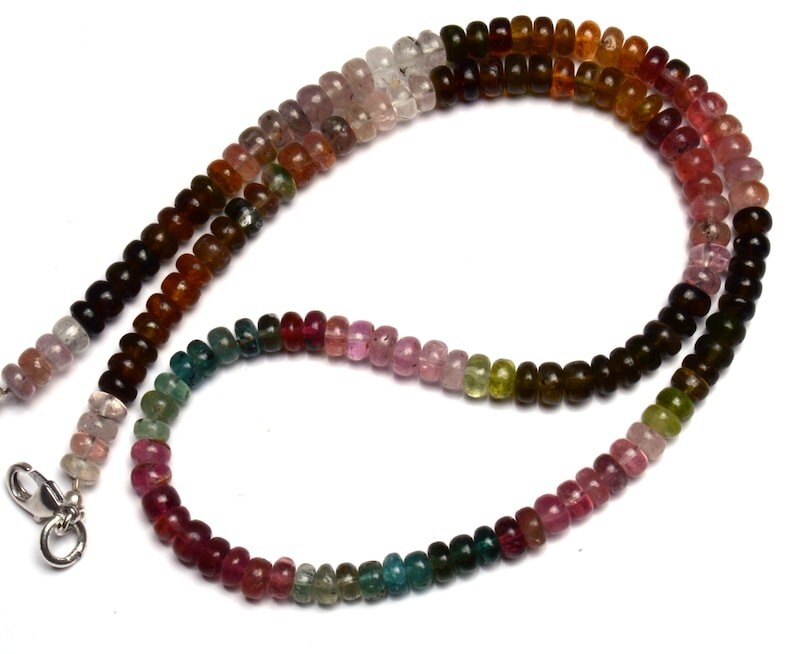 Natural Multi Color Tourmaline Smooth Rondelle Shape Gemstone Beads Necklace 18″