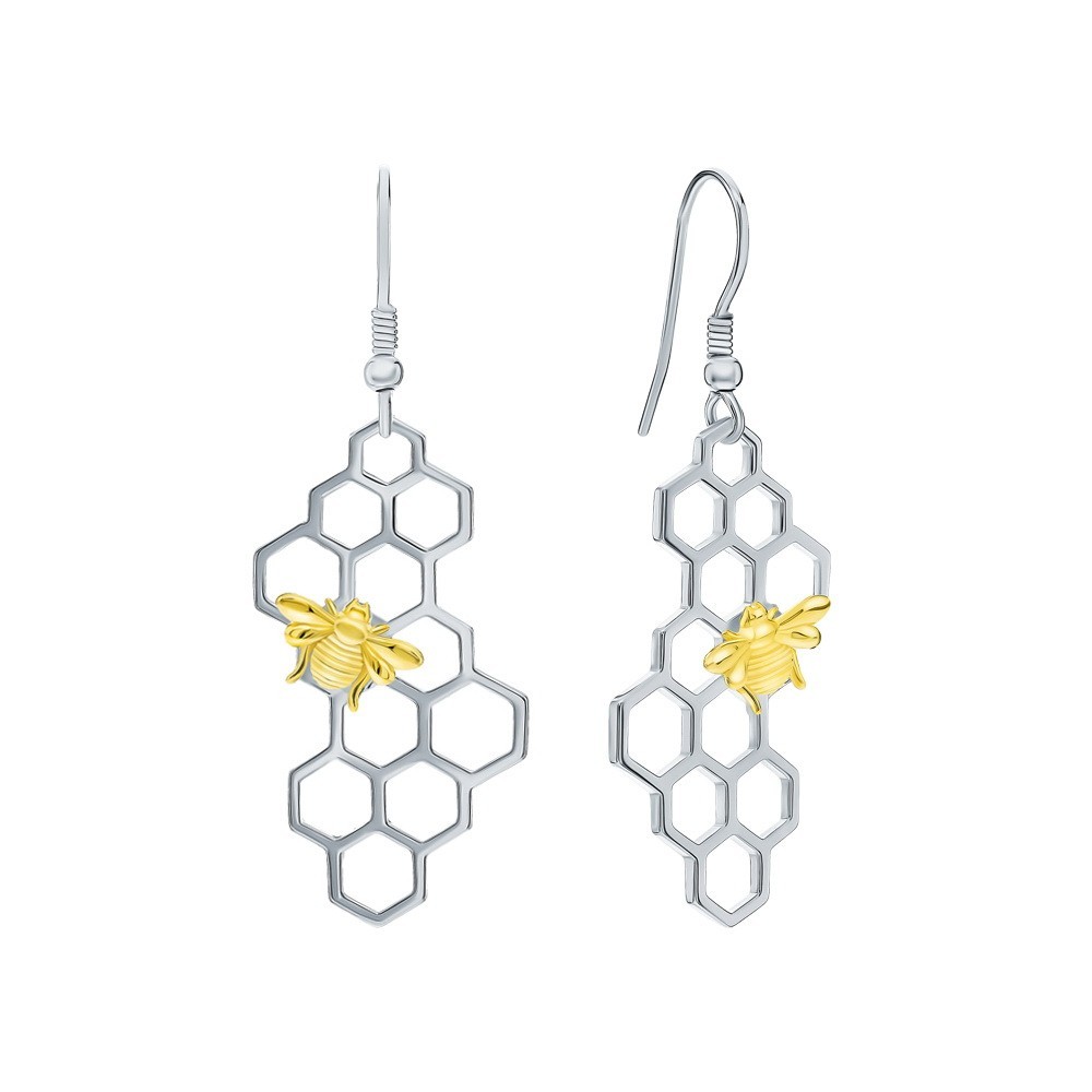 925 Sterling Silver Honeycomb Bee Drop Earring |Hexagon Geometric Dangle Jewelry