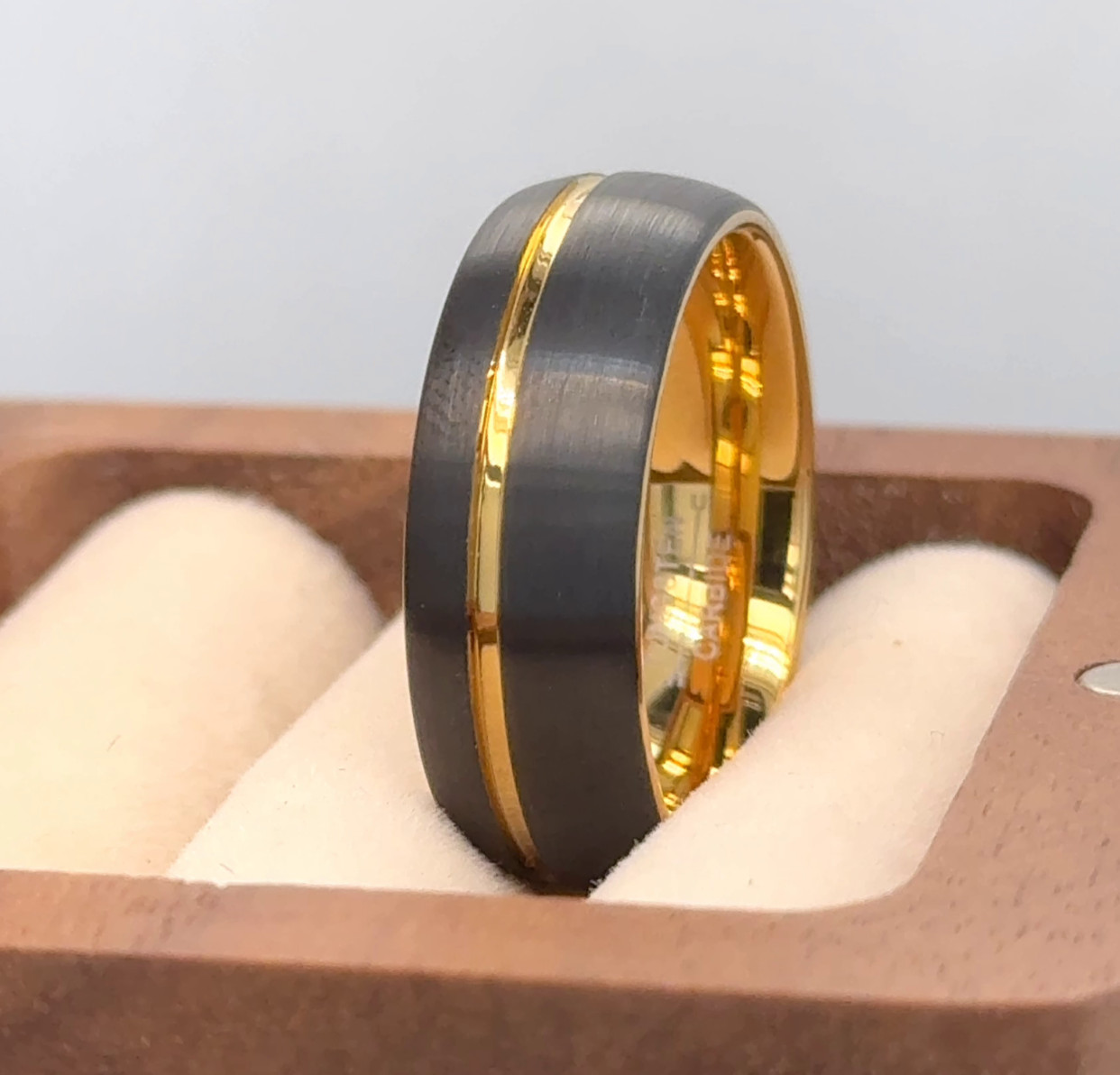 Black And Gold Tungsten Wedding Ring Grooved Brushed Finish Band Gift for Him