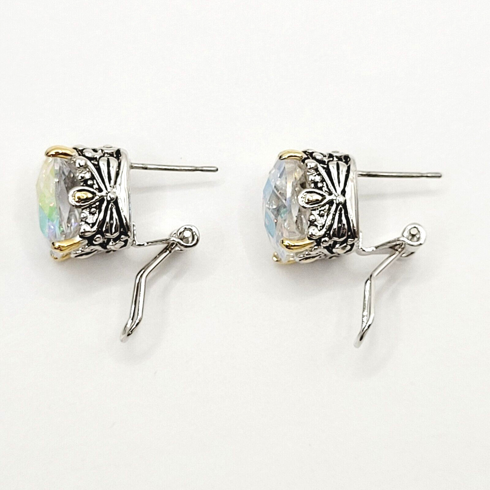 Modern Rainbow AB Crystal Square Stud Two Tone Ornate Frame Pierced Earrings