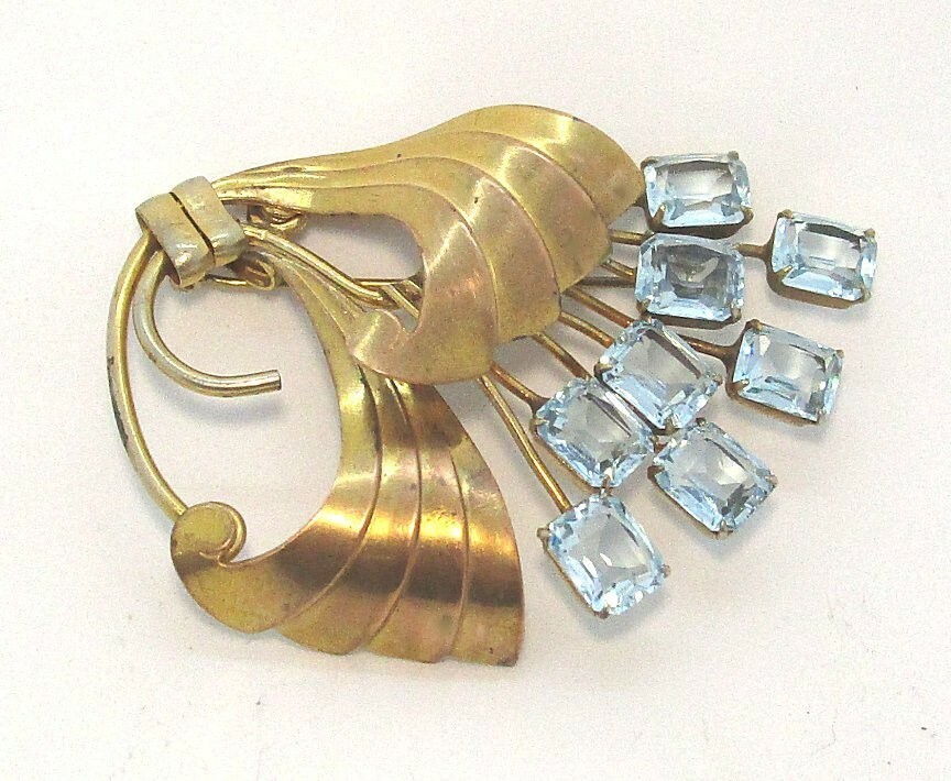 Retro Gold Plated Brass Pin with Blue Crystals 28.5 grams 3” lot 36z9