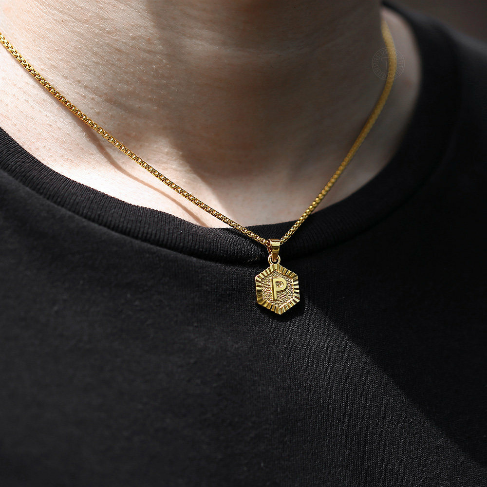 Hexagon A-Z Gold Plated 14k Initial Letter Pendant Necklace Unisex Mens Womens