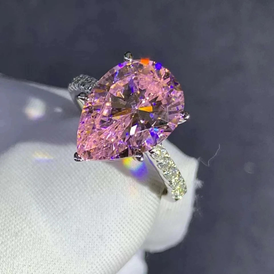 6.50 Ct Pear Cut Natural Pink Sapphire Diamond Ring 14K Solid White Gold Size 7