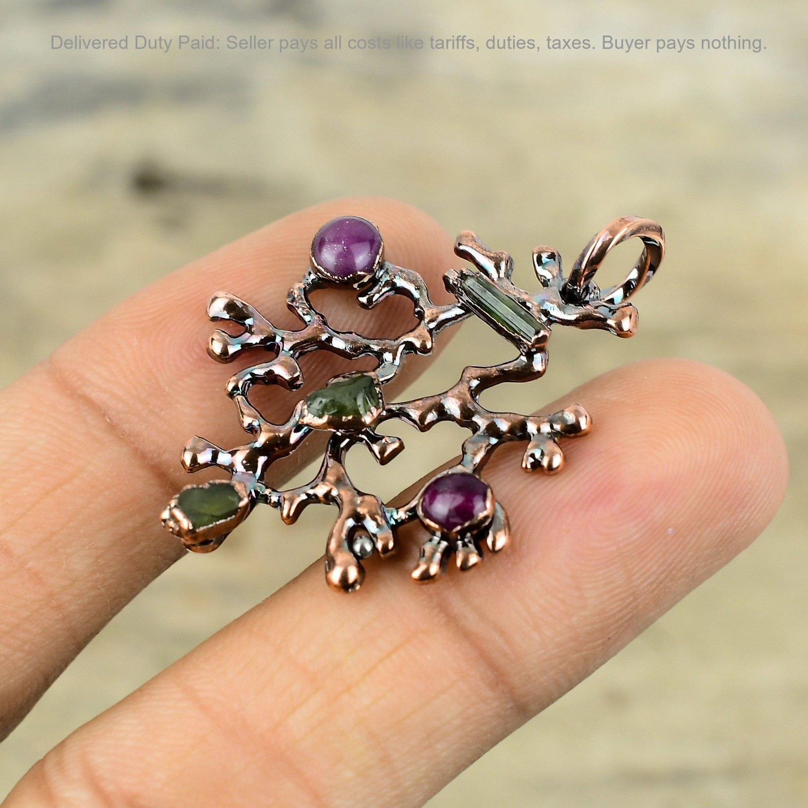 Multi Tourmaline Rough Stone Copper Bezel Electroformed Unique Pendant Jewelry