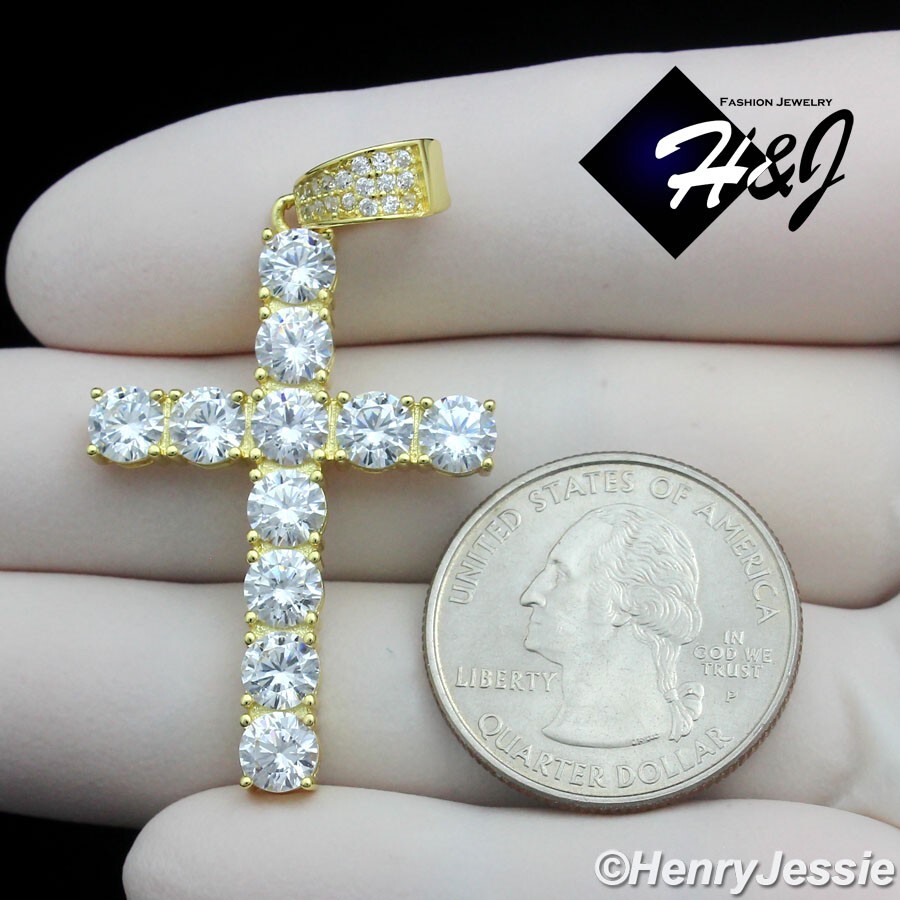 MEN 925 STERLING SILVER ICY CZ 3D 1 ROW TENNIS GOLD PLATED CROSS PENDANT*GP450