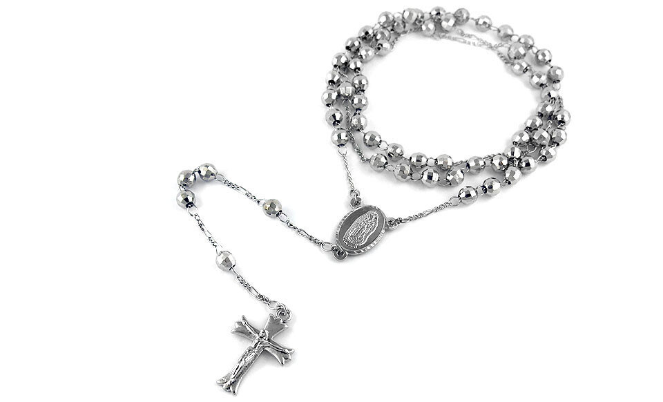 18K White Gold Plated 24″ Diamond Cut Rosary Jesus Cross Charm Necklace