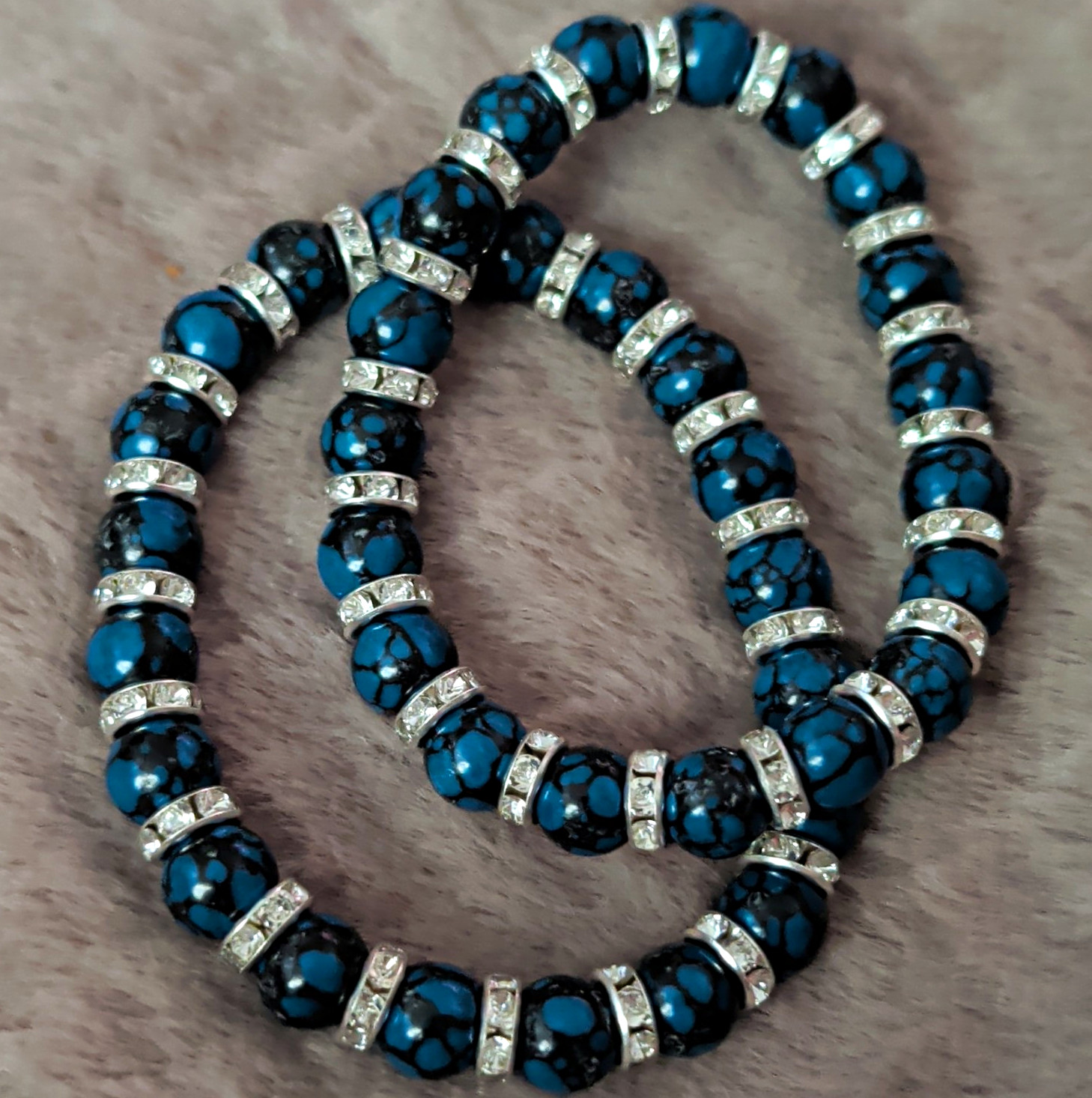 Set of 2 Dark Blue Turquoise Bracelets w/ Silver Spacers