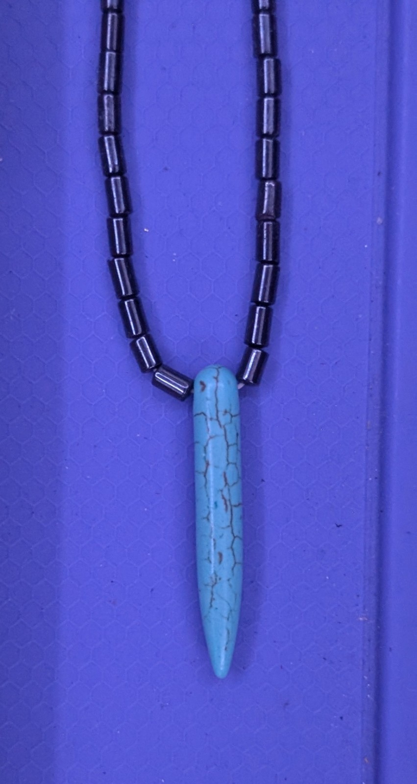 Turquoise Pendant Necklace with Long Chrome-Black Beaded Chain