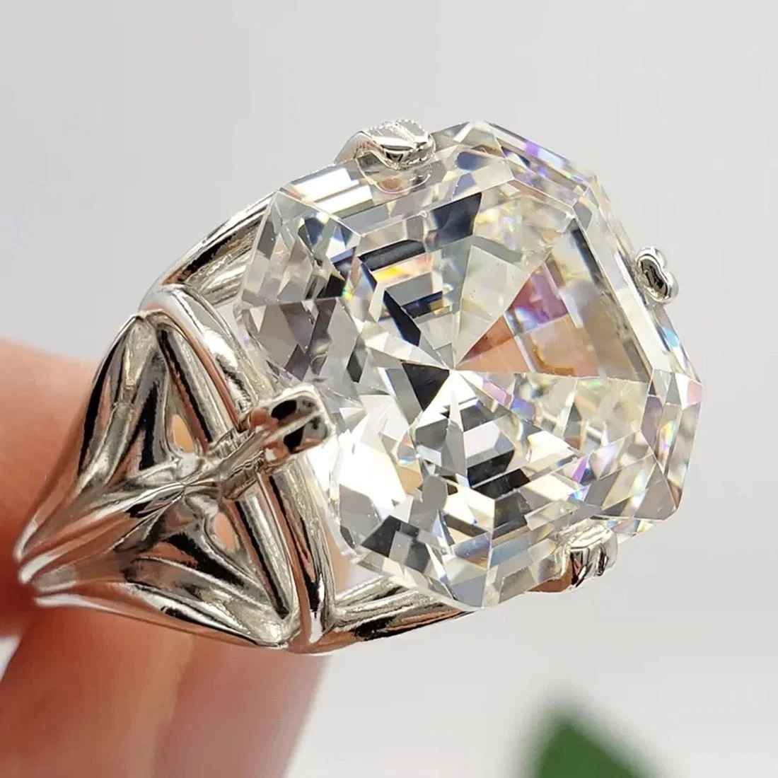 12Ct Asscher White Lab Created Diamond Solitaire Ring 925 Silver Gold Plated
