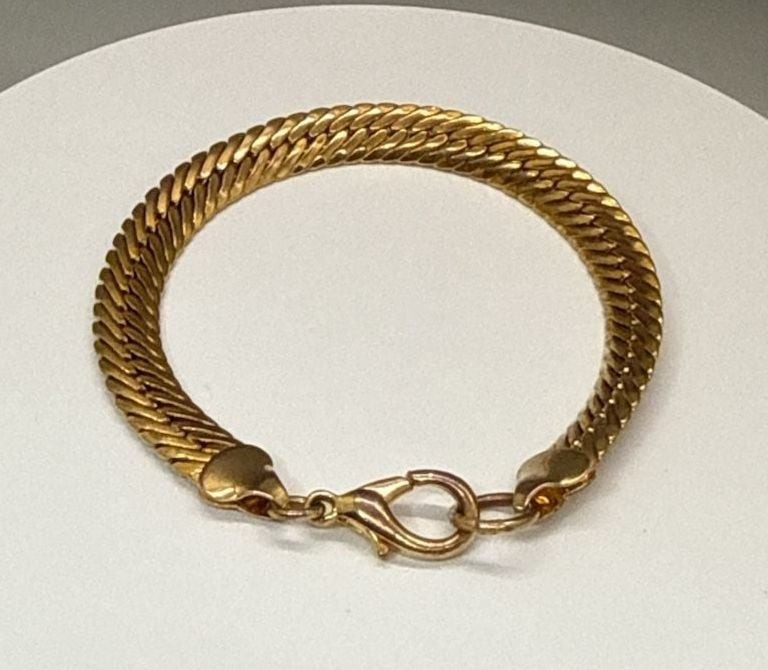 Gold Tone Chunky Herringbone Chain Snake Link Bracelet Curbed Statement Vintage