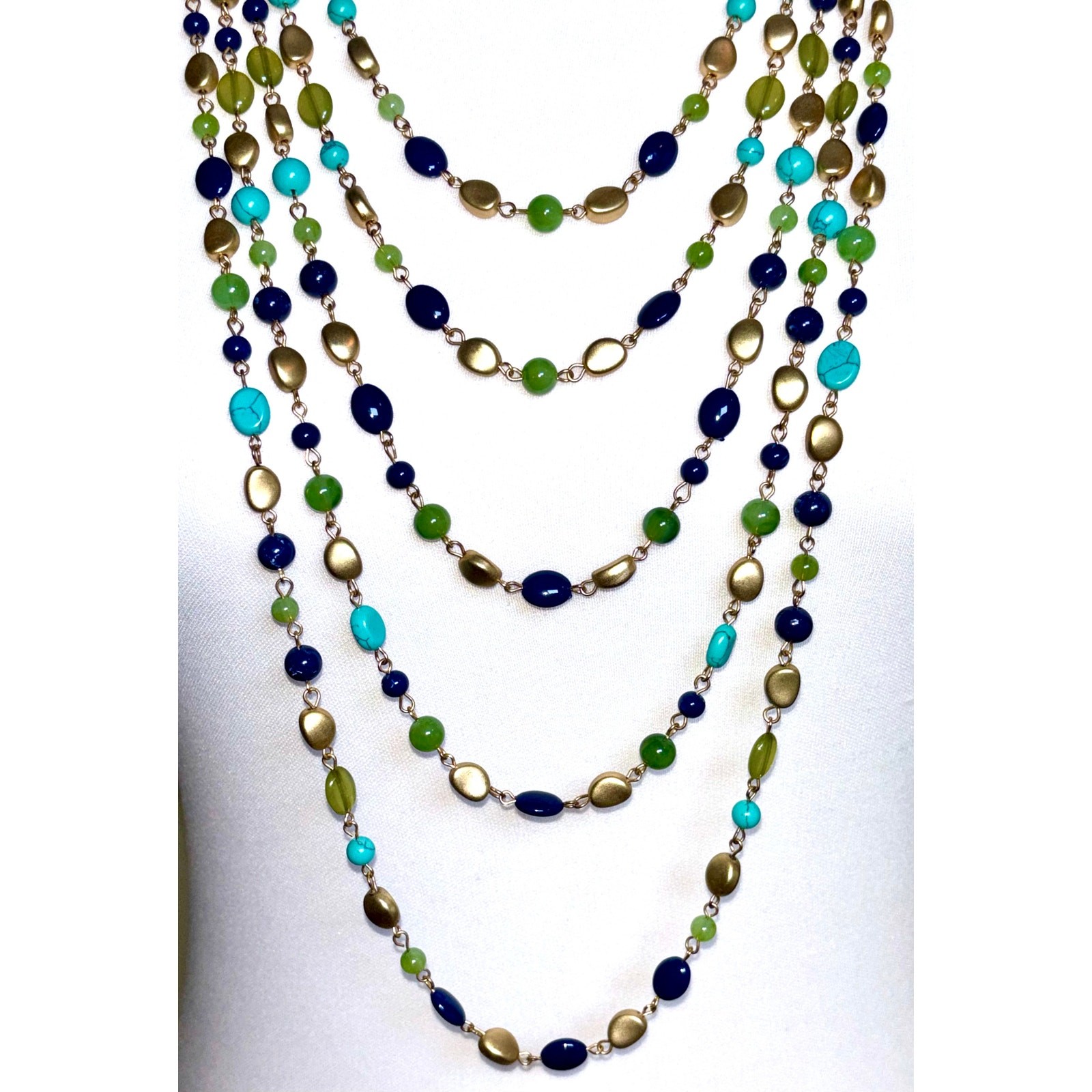 Vintage Multistrand Beaded Statement Necklace – Blue Green Gold