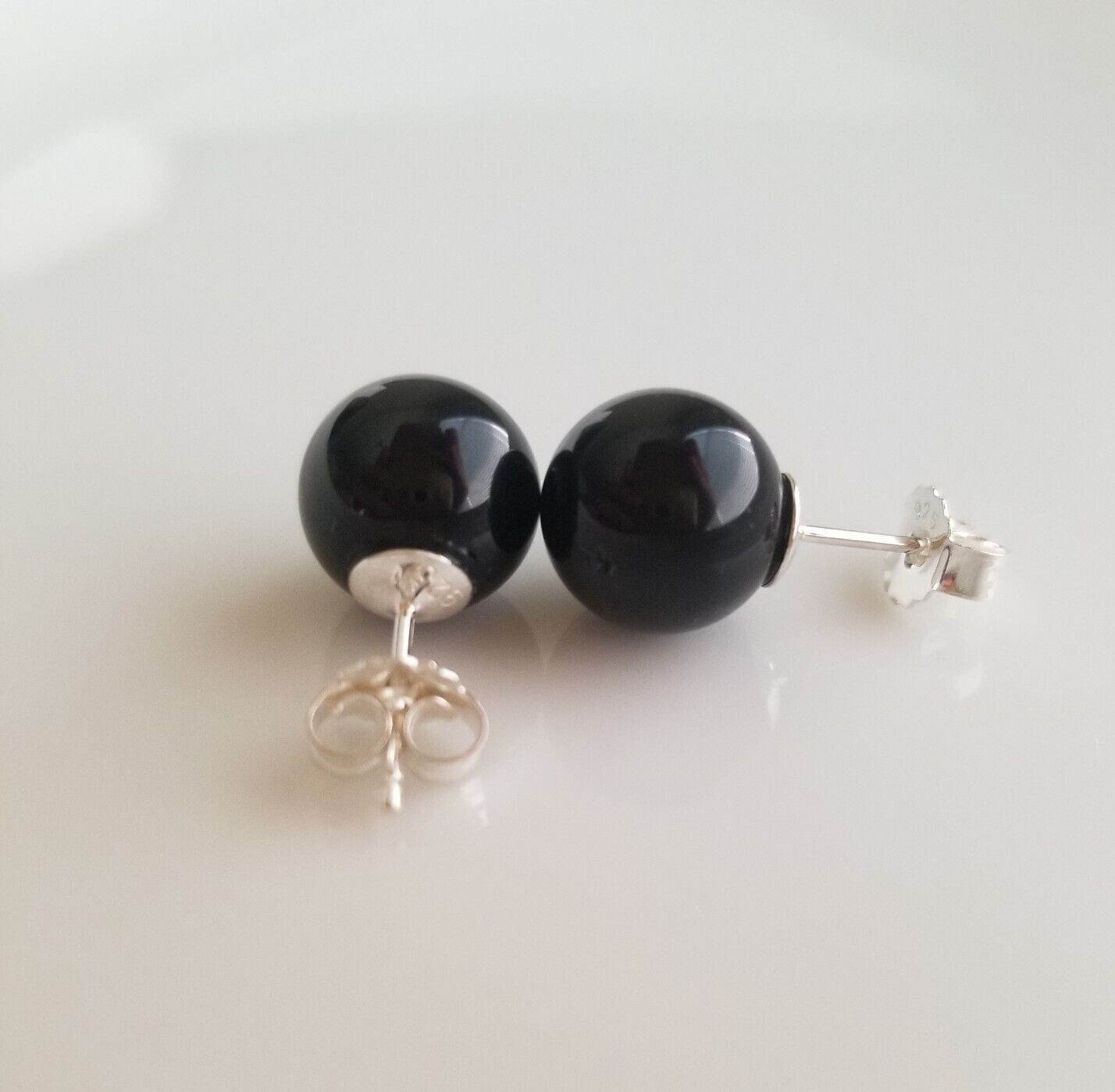 Solid 925 Sterling Sliver Natural Black Onyx 10mm Round Ball Stud Earrings