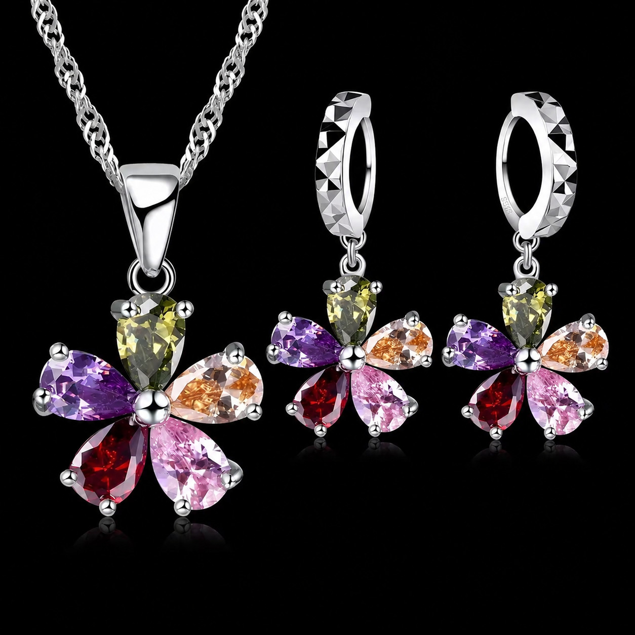 925 Sterling Silver Flower CZ Jewelry Set Pendant Necklace & Dangle Earrings