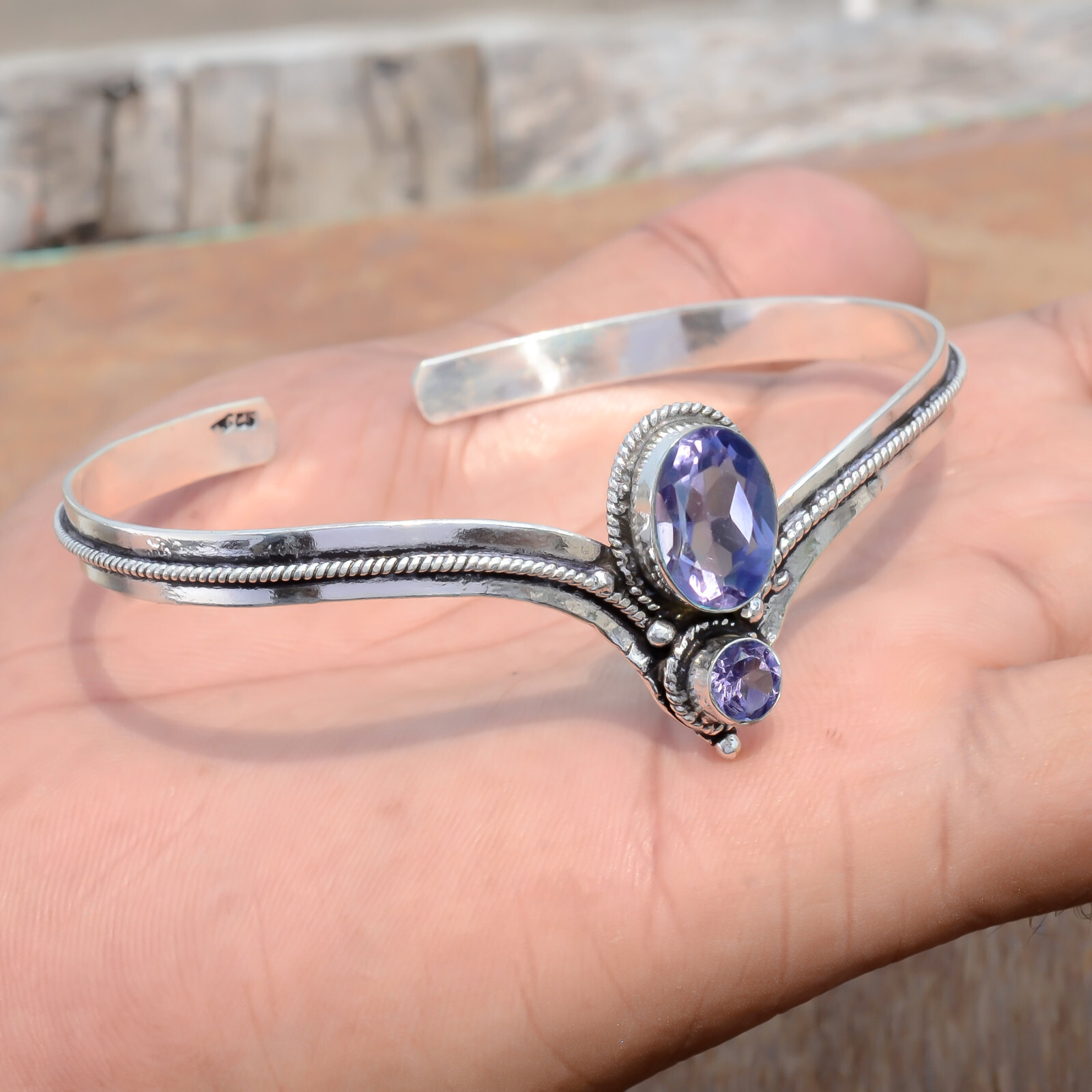 Faceted Amethyst Gemstone 925 Sterling Silver Bangle Cuff Surprise Gift Jewelry