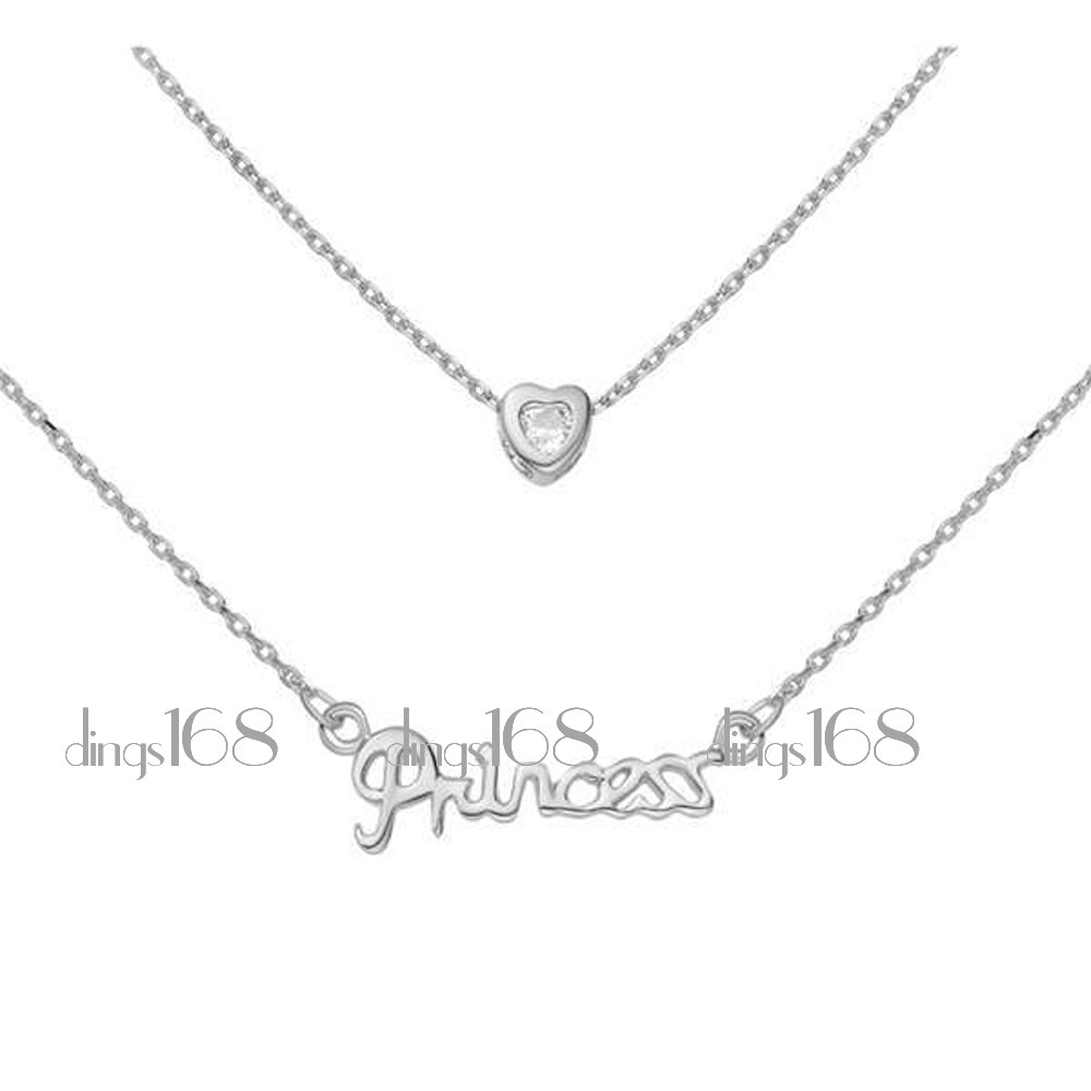 18K White Gold Filled HypoAllergenic Crystal Heart/Princess Layered Necklace