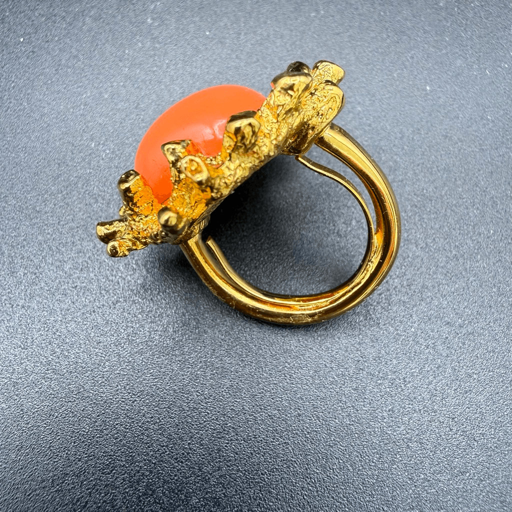 Kenneth Jay Lane coral reef adjustable ring orange gemstone set in gold New sz 6