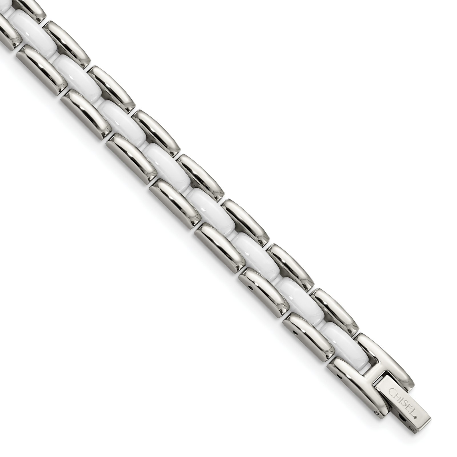 Chisel Stainless Steel Polished with White Ceramic 8 inch Link Bracelet SRB800