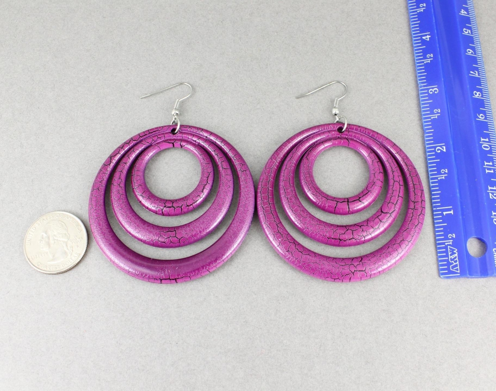 Purple Black earrings lightweight dangle round circle plastic disc 3.25″ long