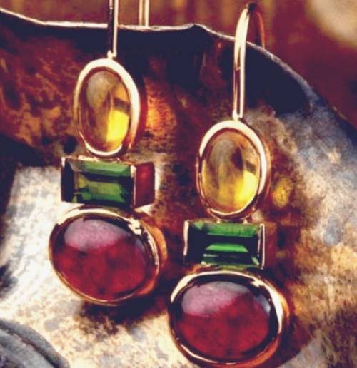 Multi Color Gold Hook Drop Earrings Resin Stones Yellow Green Red
