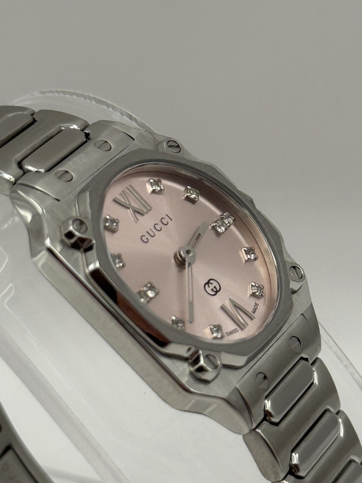 Gucci G-Flat Quartz 24mm Diamond Accent Pink Dial Women’s Watch YA166501