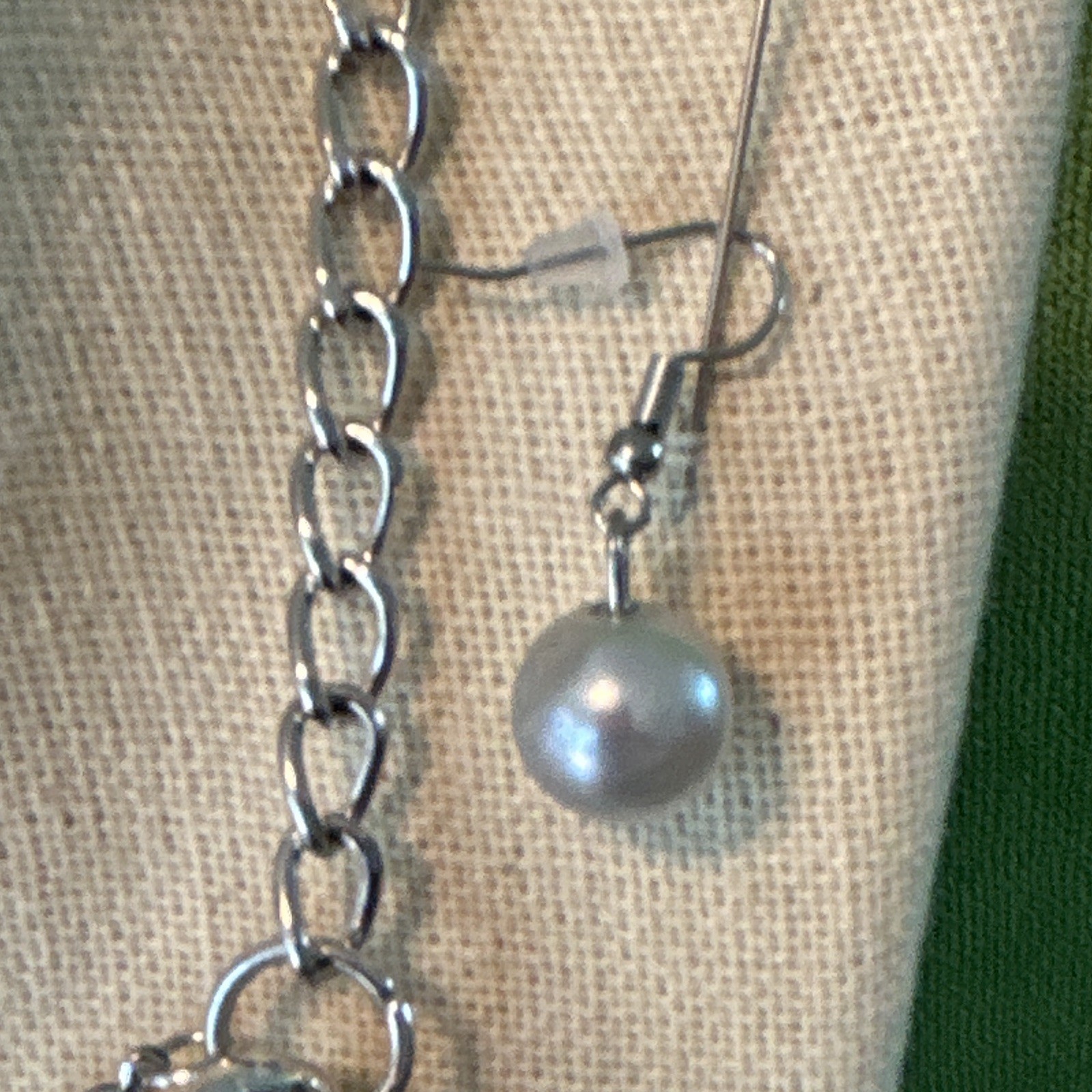 Silver Tone Cable Chain Layered Necklace w/ Gray Round Simulated Pearl Beads