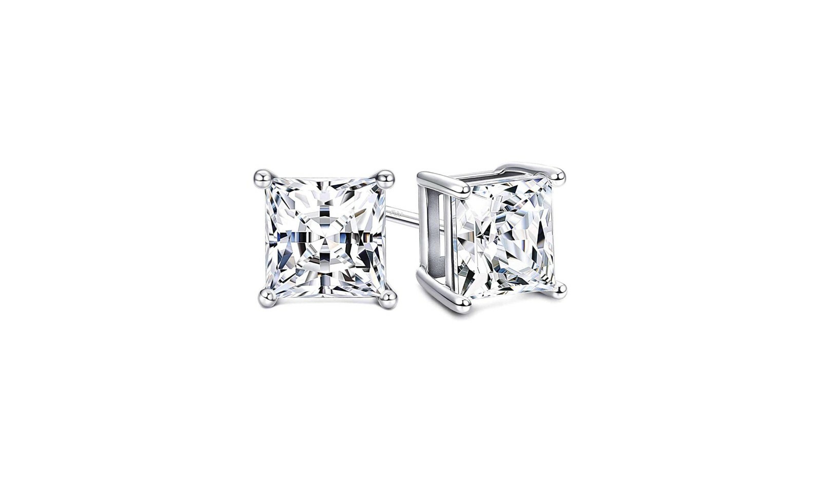 925 Sterling Silver Princess Cut Stud Earrings Cubic Zirconia Silver CZ 4 Sizes