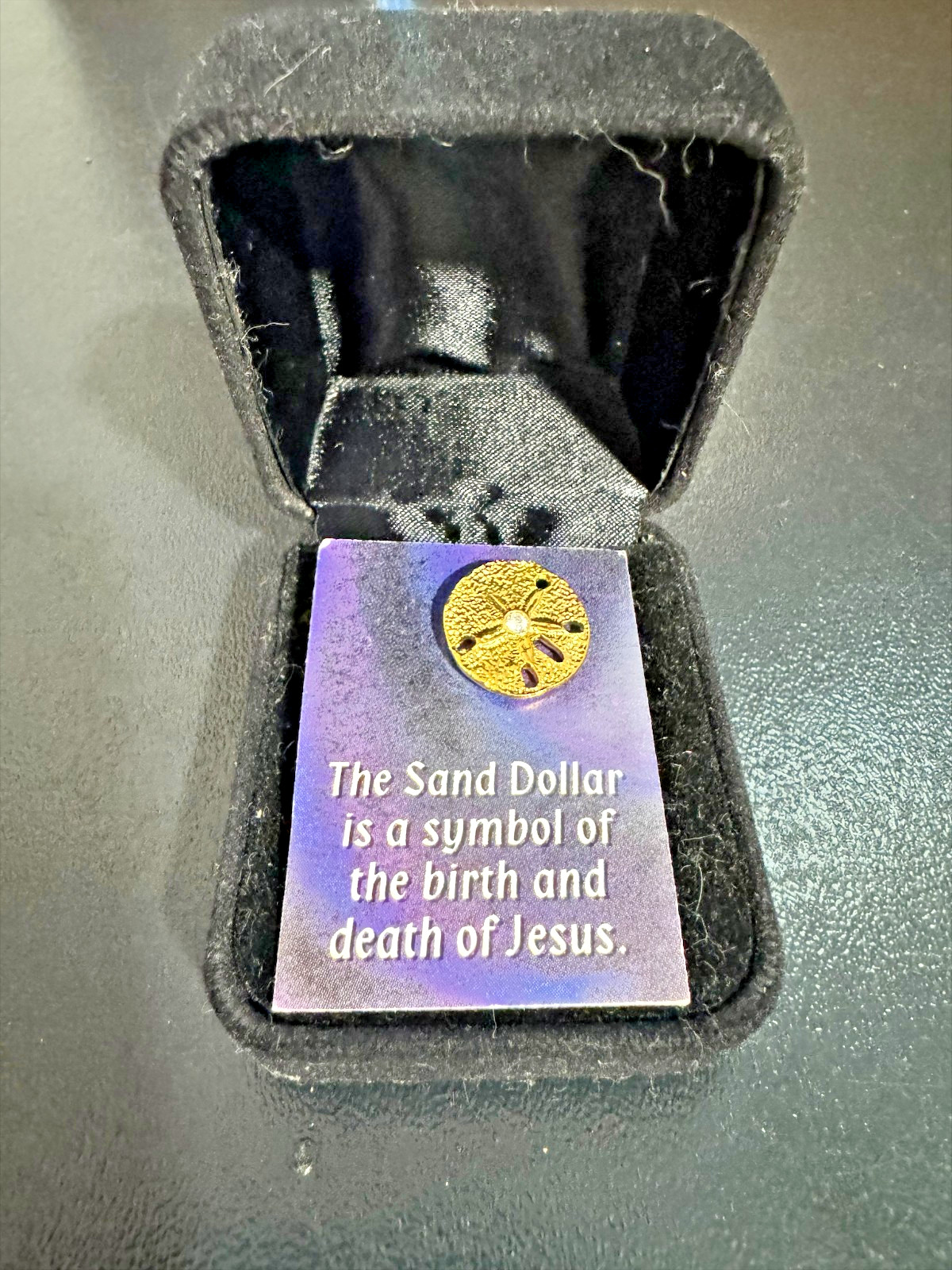 Gold Tone Sand Dollar Lapel Pin Christian Prayer Card Rhinestone 0.5″