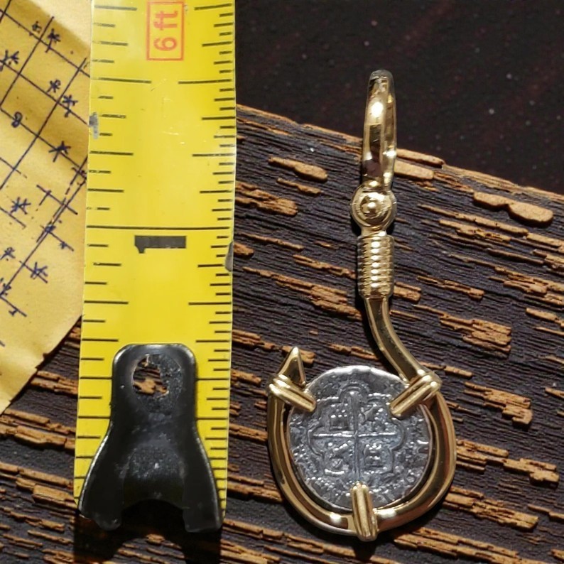 Atocha 1622 Fish Hook Silver Coin Pendant 14k Gold Overlay Certificate Design