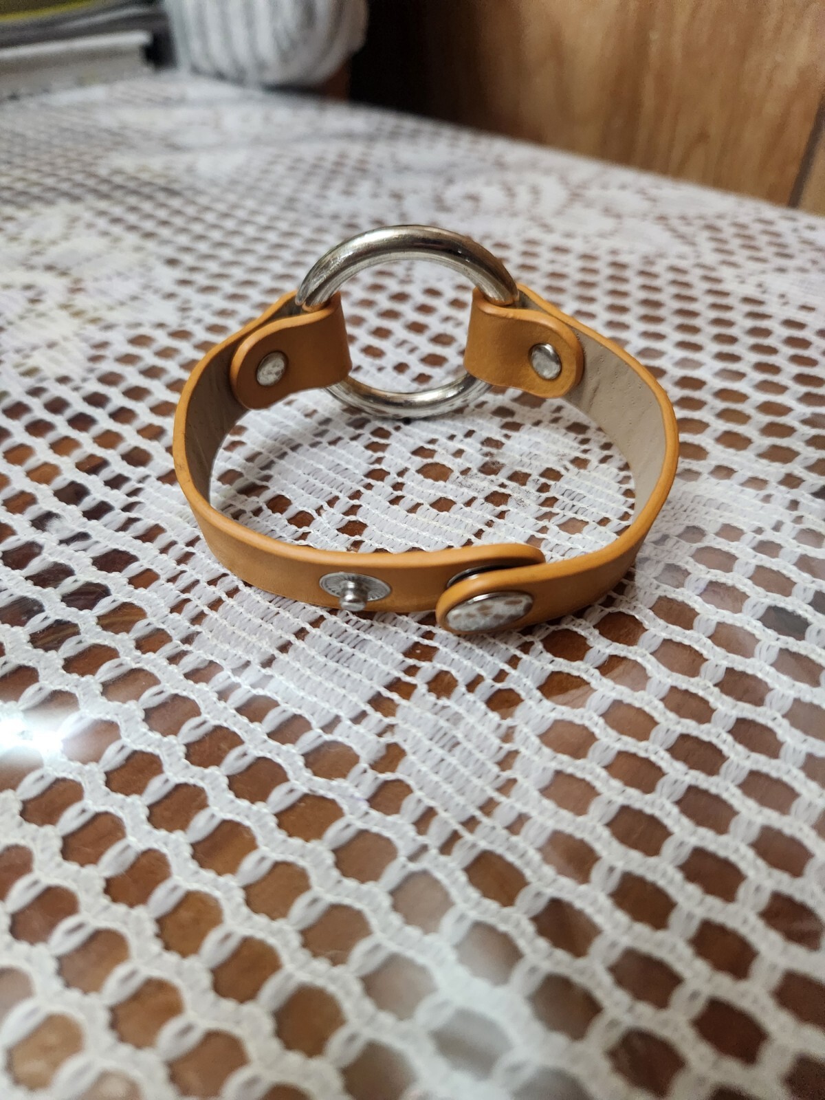 Vintage O-Ring Faux Yellow Leather Cuff Bracelet. Snaps
