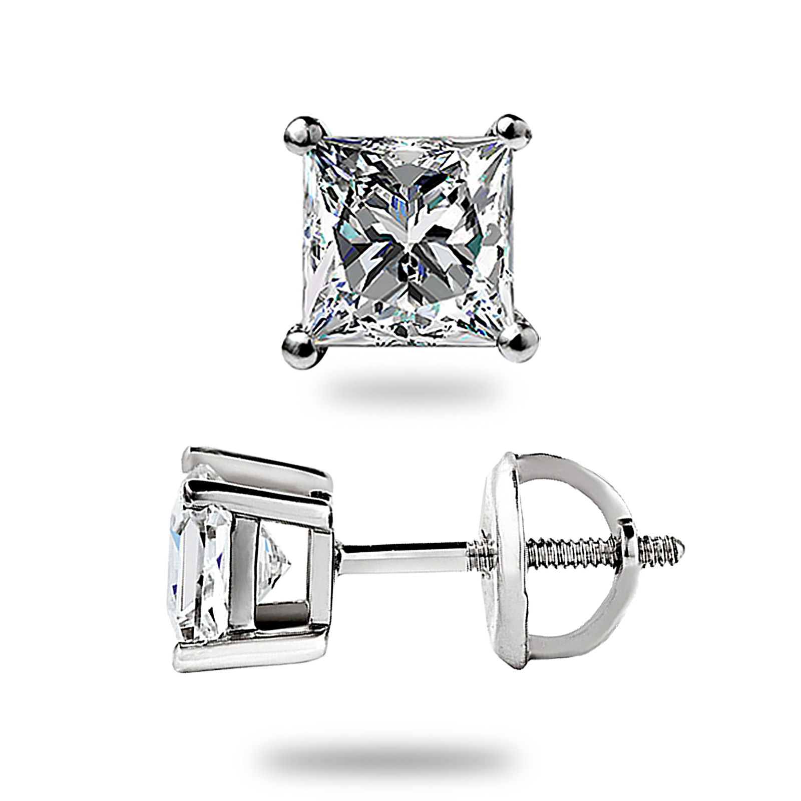 1.05 Ct Princess cut MOISSANITE Studs Earrings Solid 14k White Gold Screwbk Gift