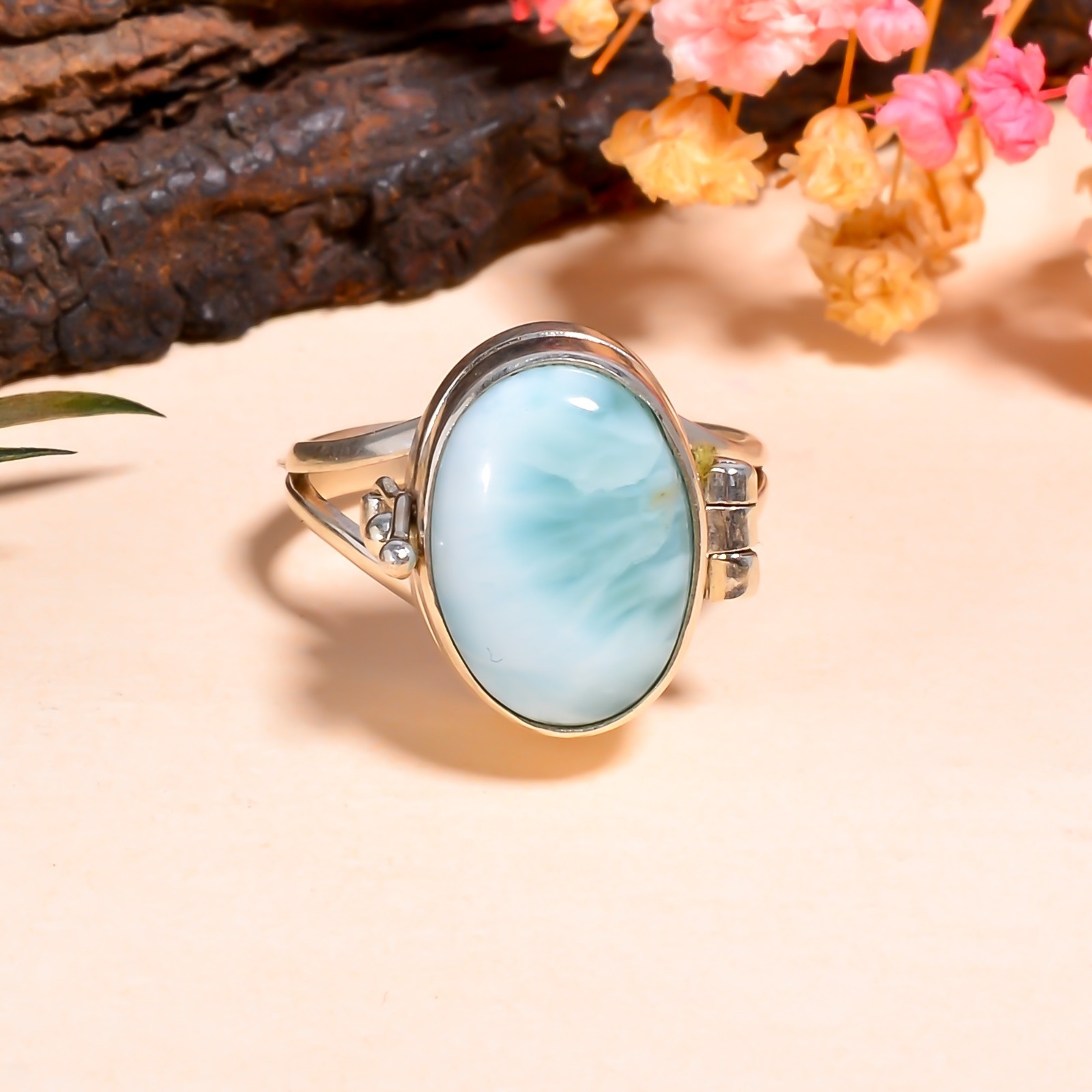 Larimar Gemstone 925 Silver Box Ring Handmade Statement Ring Jewelry