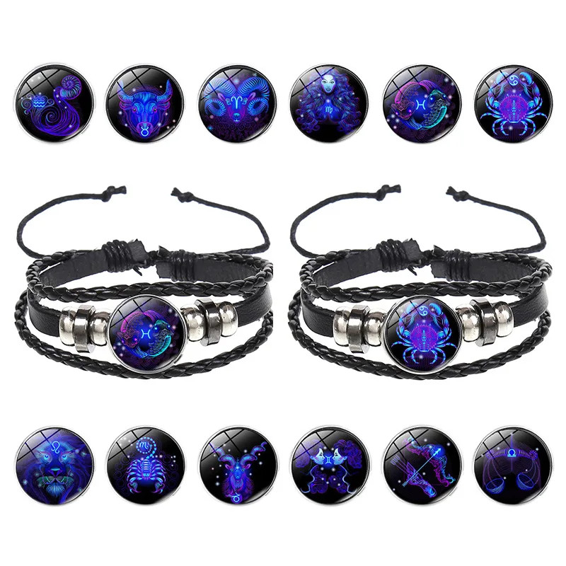 12 Constellation Zodiac Sign Charm Luminous Bracelets Men Women Vintage Multilay