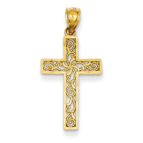 14K YELLOW GOLD DIAMOND-CUT OPEN FILIGREE CROSS CHARM PENDANT 1.06 INCHES