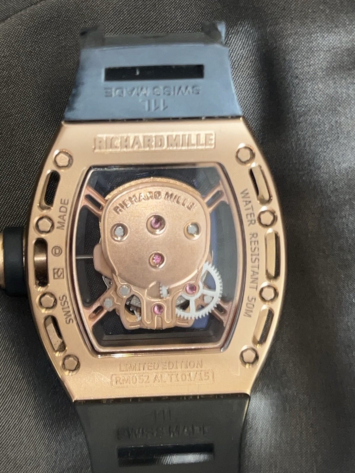 Richard Mille RM 052 Skull Skeleton Manual Mechanical Rose Gold 50m Black Strap