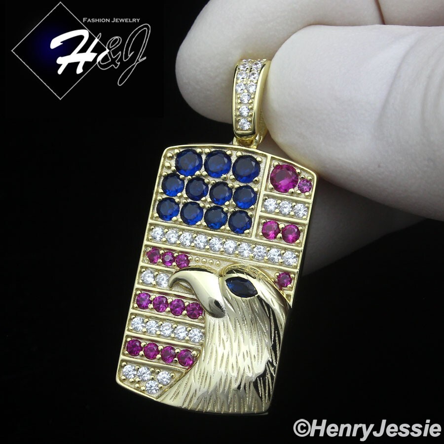 MEN 925 STERLING SILVER ICY BLING CZ 3D GOLD PLATED EAGLE DOG TAG PENDANT*GP465