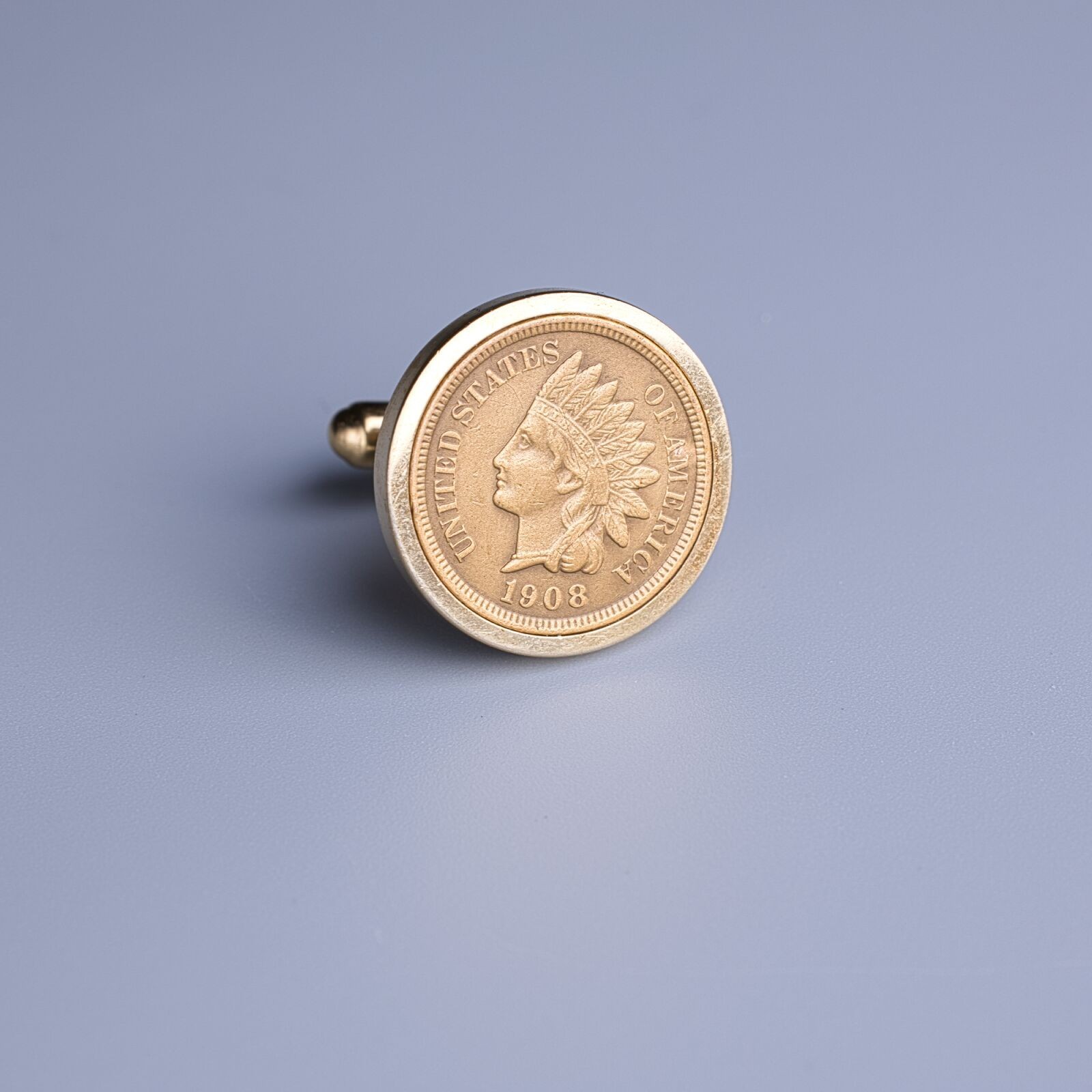 Vintage 1908 Indian Head Cent Single Cufflink – 14K Gold Plated