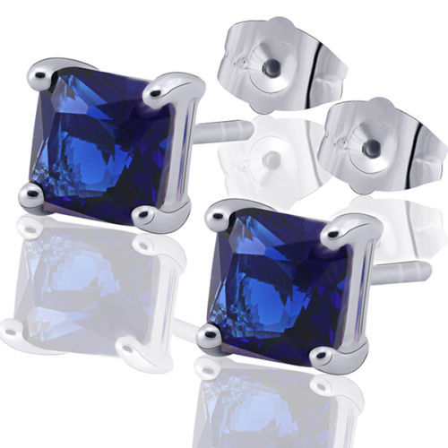 New White Gold Filled 6mm Princess Square Cut Sapphire Blue CZ Stud Earrings