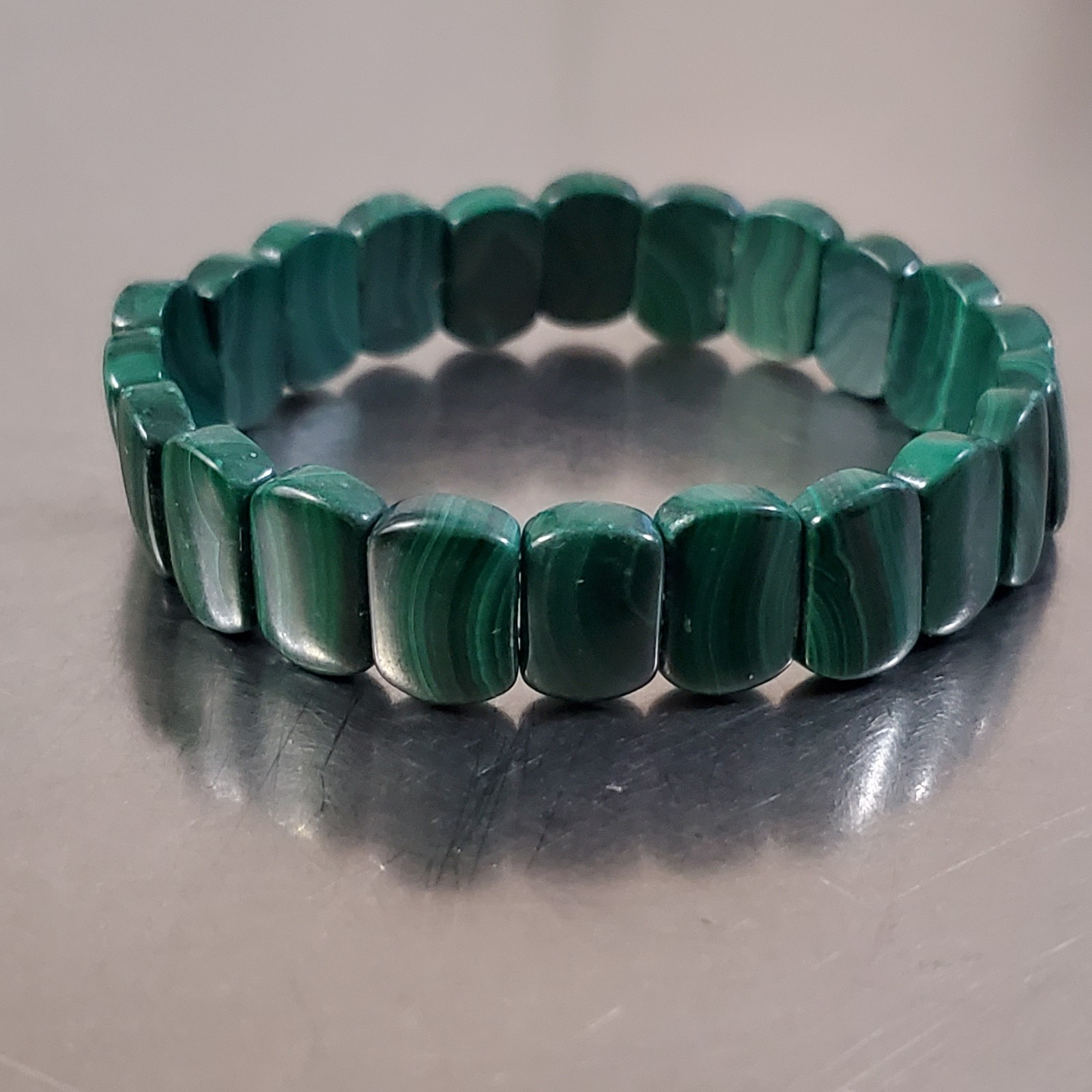 Malachite Bracelet Natural Green Gemstone Rounded Rectangle Bead Stretch 6.5 in