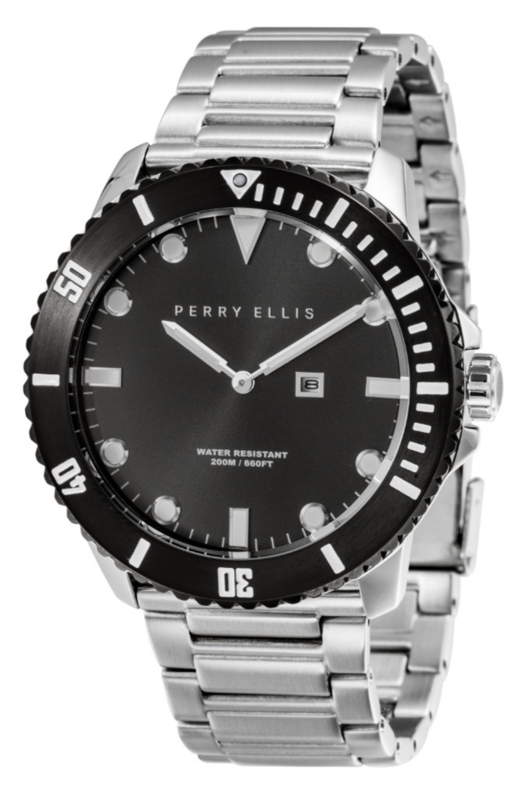 Perry Ellis 46mm Deep Diver Men’s Watch 200M WR Black Silver PEW02005-02 20ATM