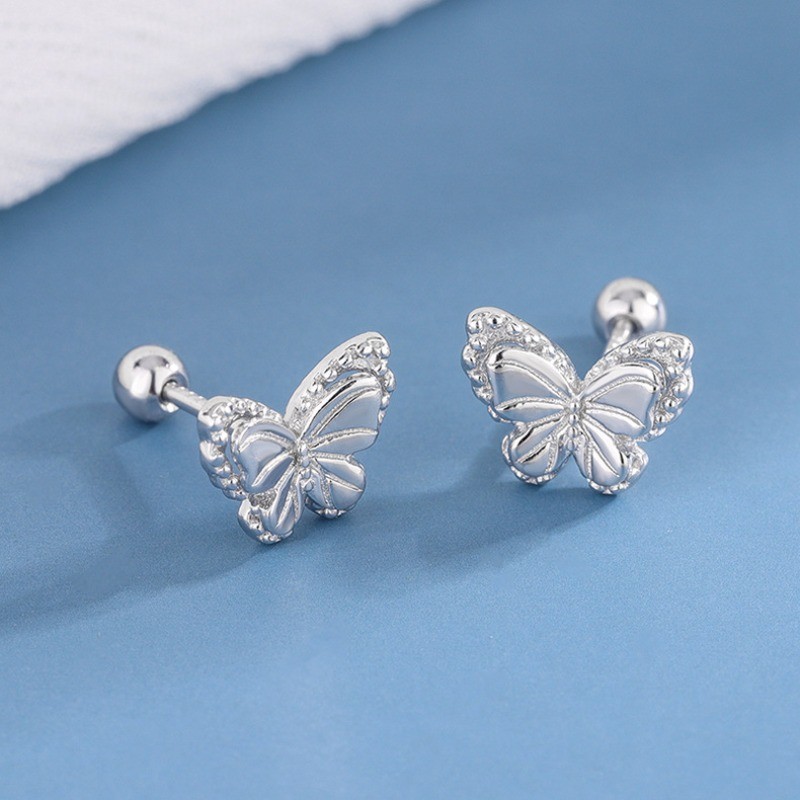 Silvery Double Layer Butterfly Screw Ear Studs Women’s Elegant Alloy Earrings