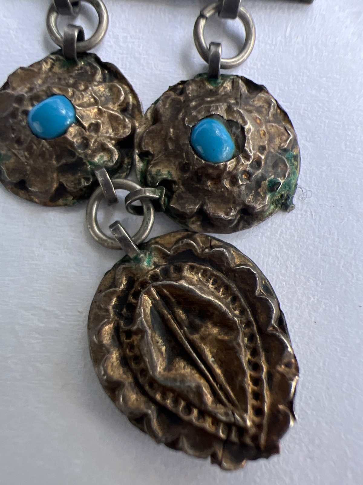 Antique Central Asian silver-gilt earrings with turquoise and coral