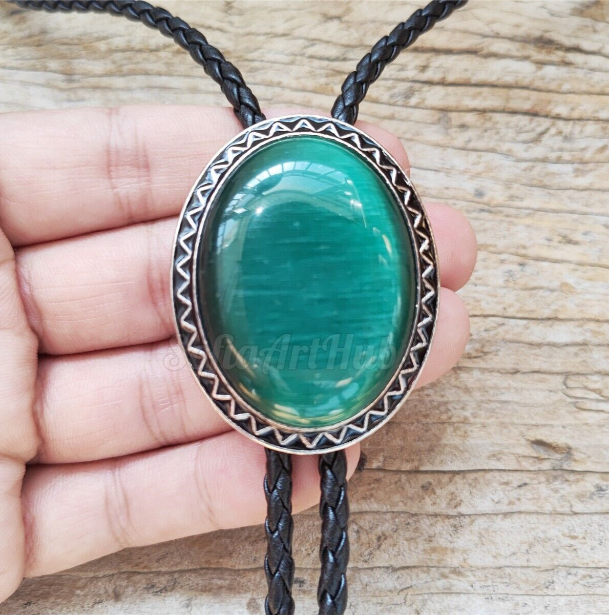 Dark Green Jade Mens Bolo Tie Wedding Necklace PU Leather Rope Western Cowboy