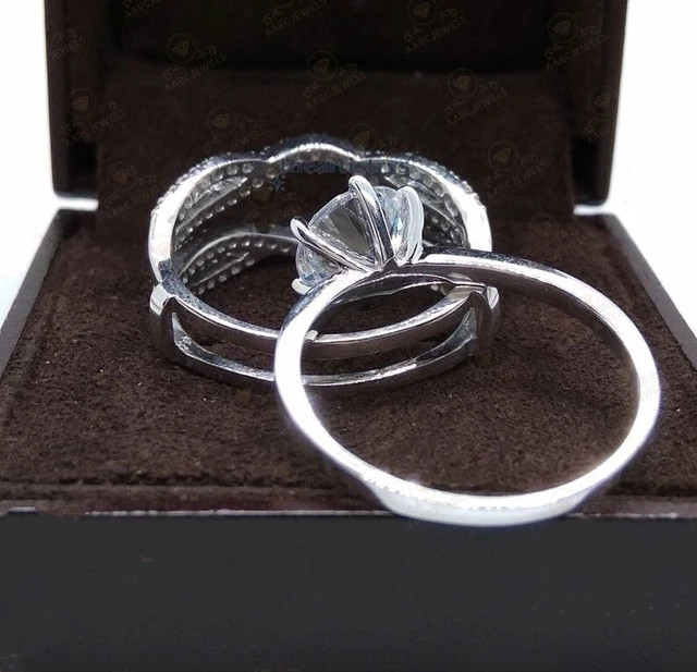 Moissanite Bridal Set Engagement Ring Solid 14K White Gold 2.70 Carat Round Cut