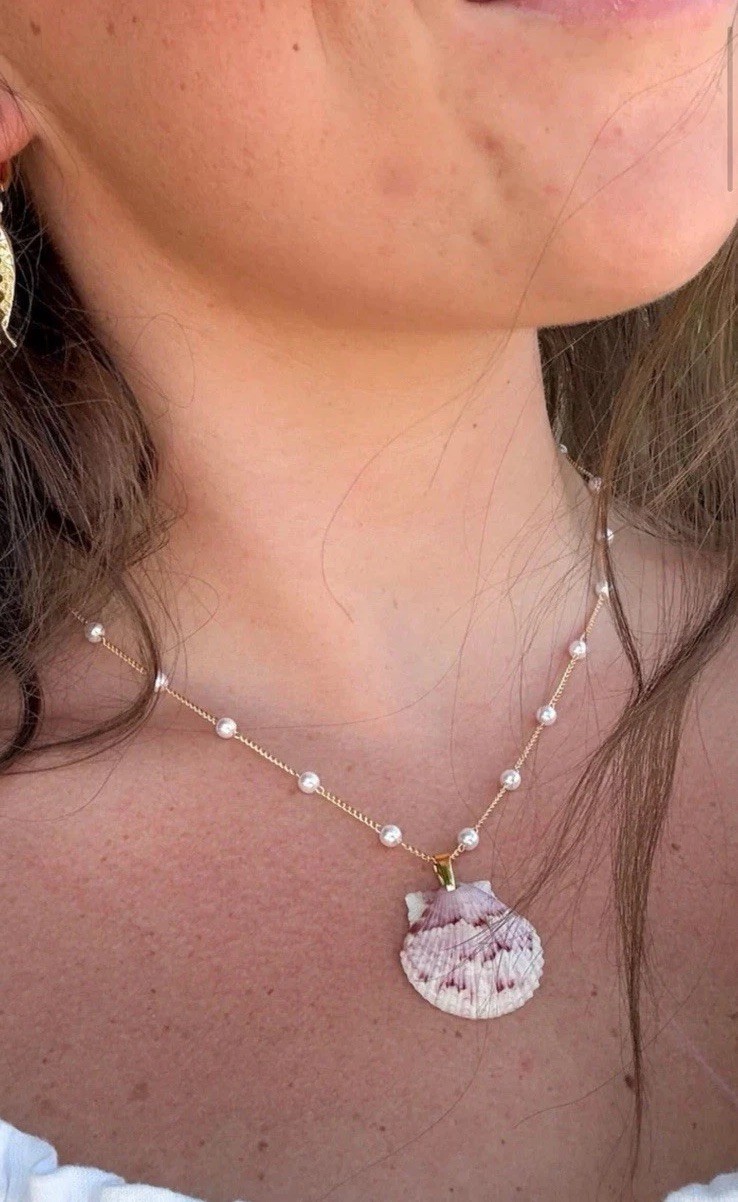 Hand Crafted Gold With Pearl Beads Sanibel Shell Necklace