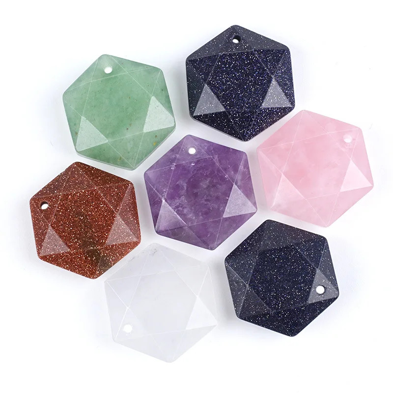 6PCS 22mm Faceted Hexagon Stone Pendants Healing Crystal Charm DIY Jewelry