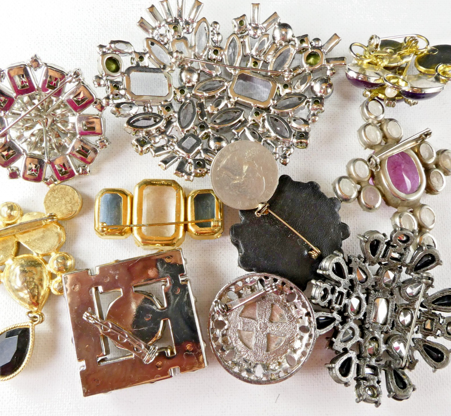 Plastic PIN BROOCH Collection 10 Piece Acrylic Lucite Multi Color Stones Large