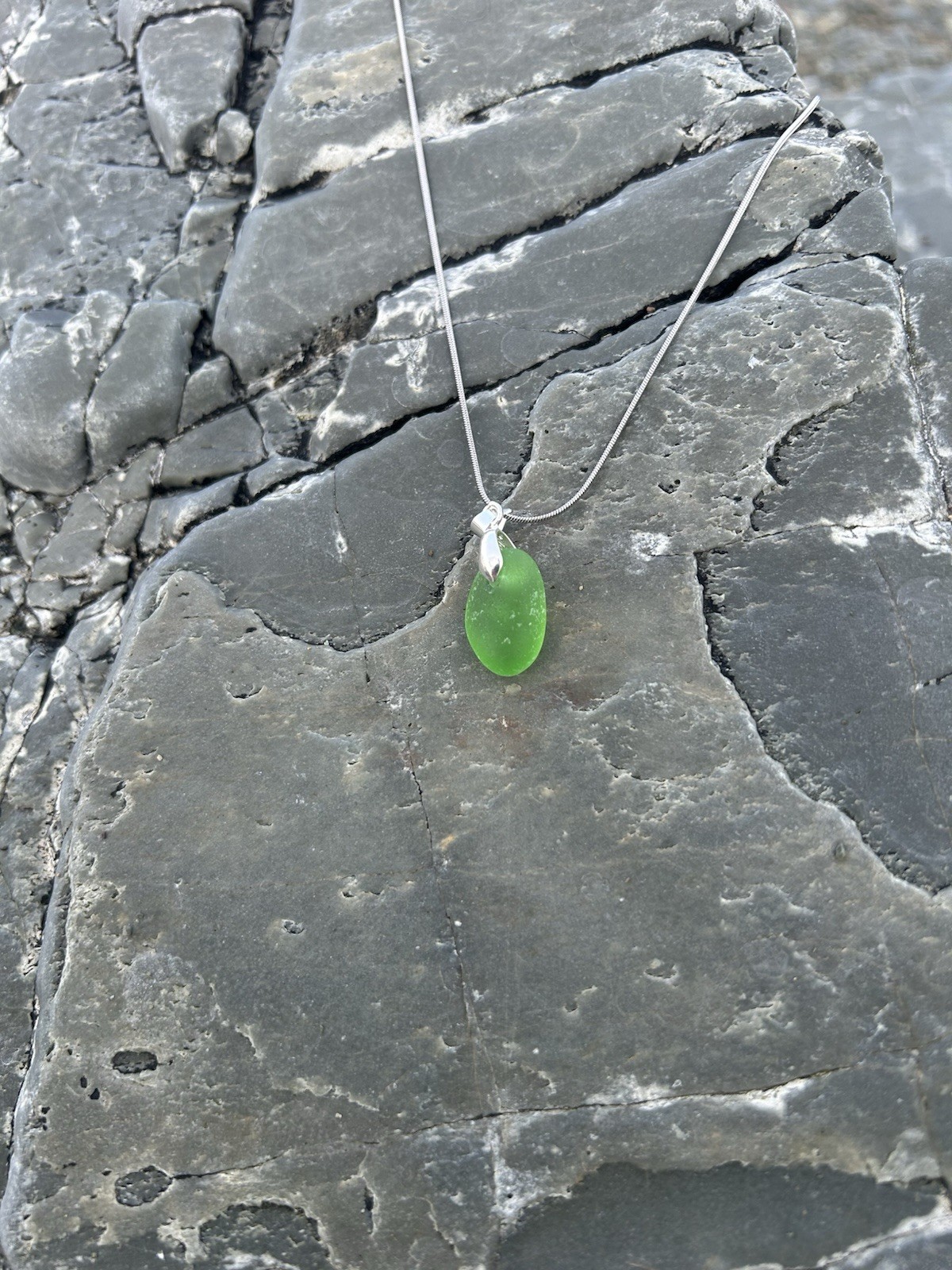 Genuine Green Sea Glass Necklace Stainless Steel Snake Chain 18 Inch